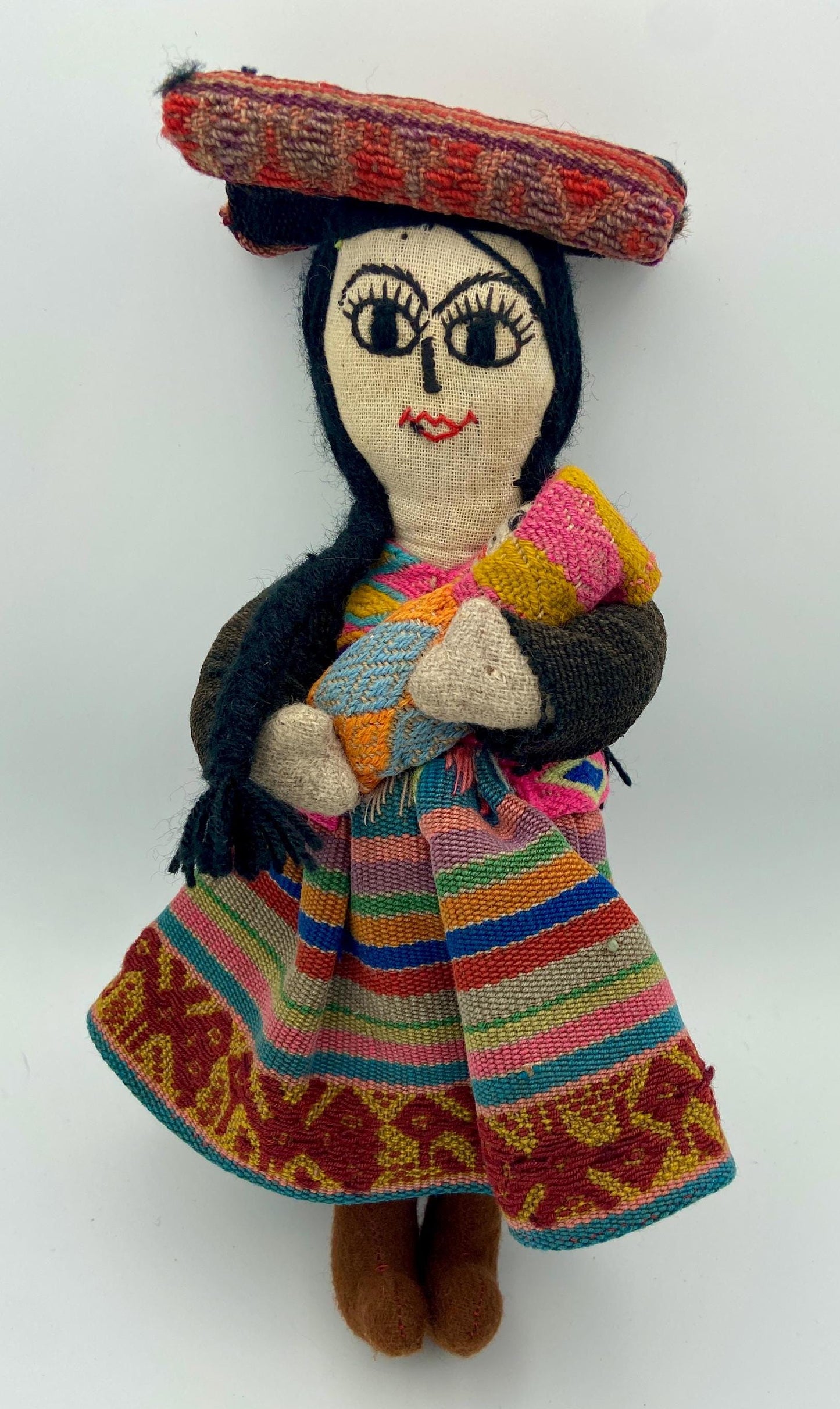 Handmade South American Woman with Child and Bundle on Her Head 12 Inch Folk Art