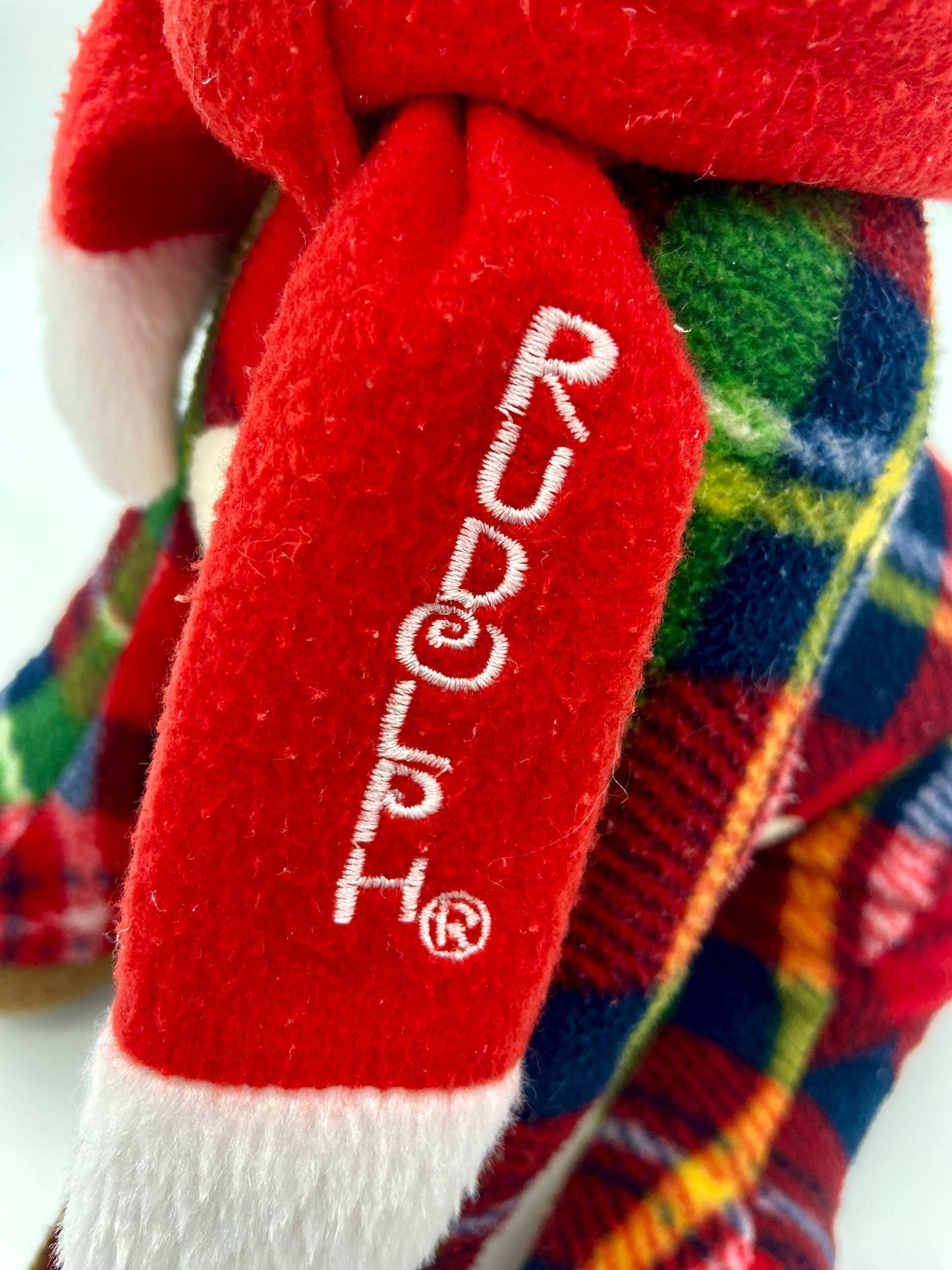 Vintage Plaid Rudolph The Red Nosed Reindeer with Logo Scarf 11 Inch Soft Plush Hand Picked