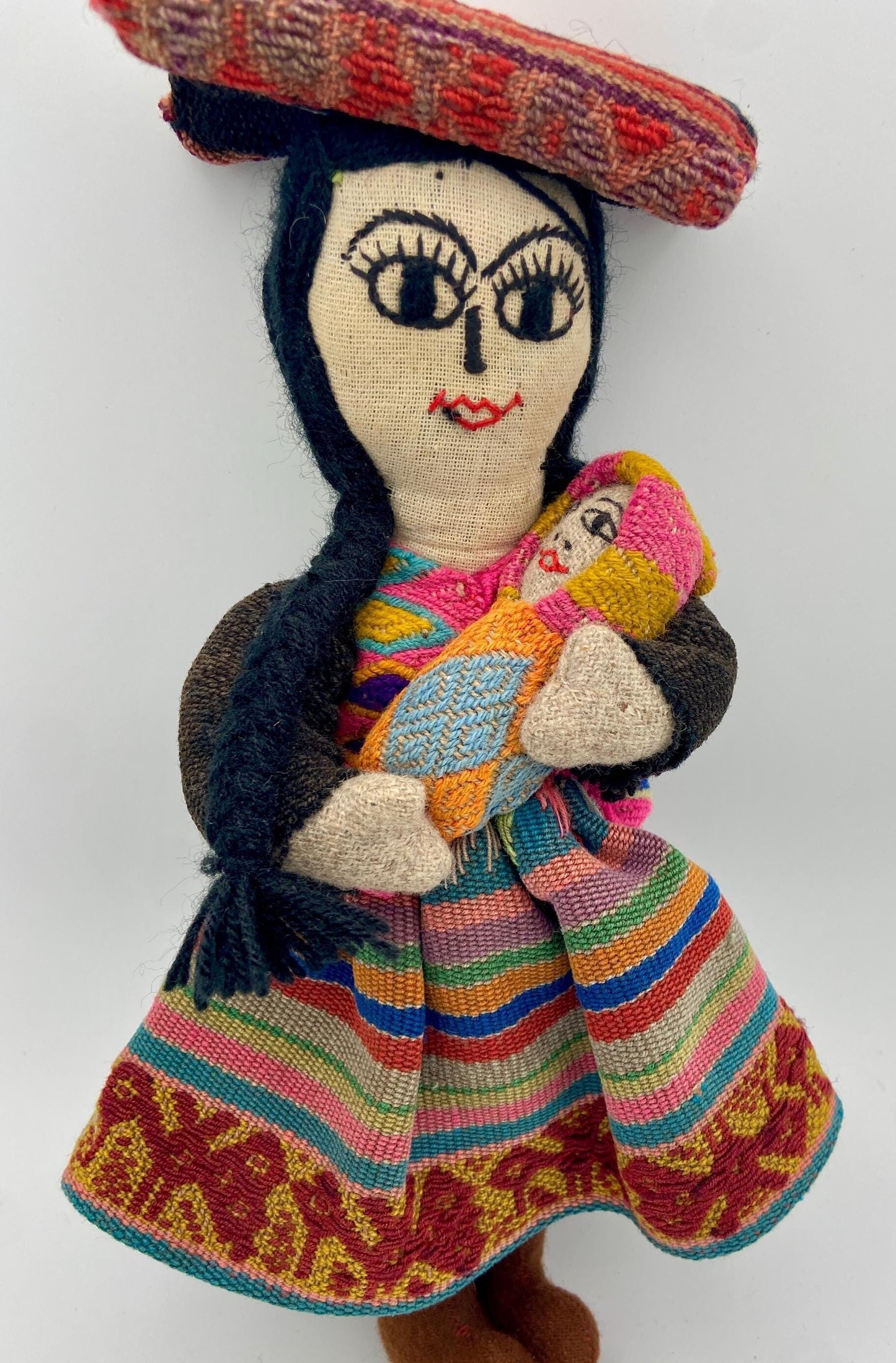 Handmade South American Woman with Child and Bundle on Her Head 12 Inch Folk Art