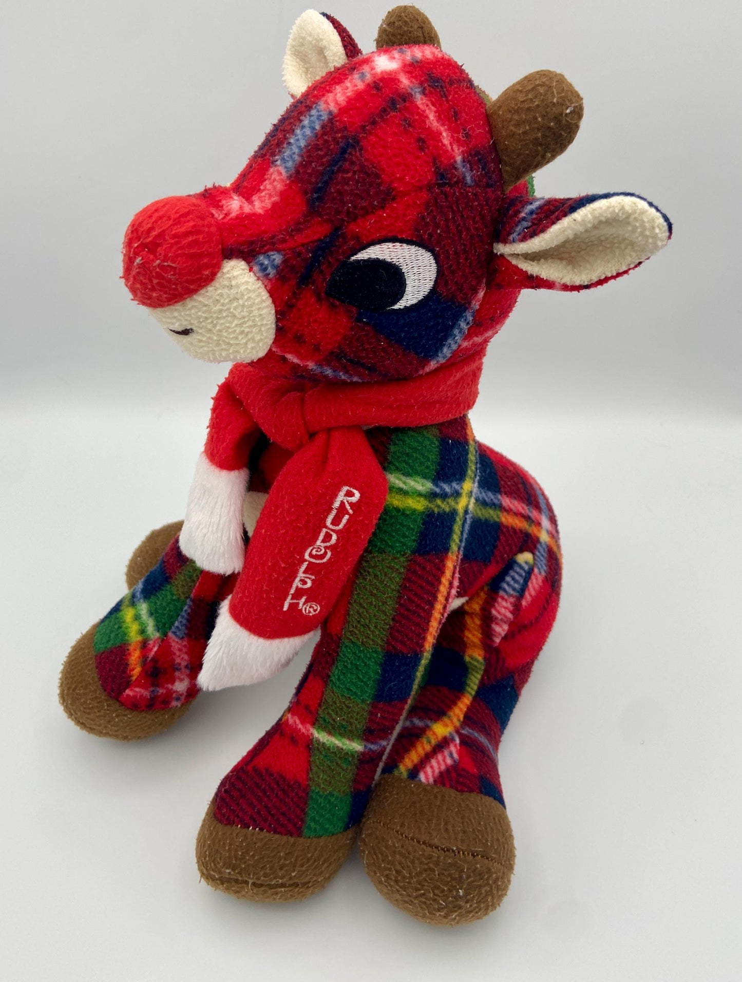 Vintage Plaid Rudolph The Red Nosed Reindeer with Logo Scarf 11 Inch Soft Plush Hand Picked
