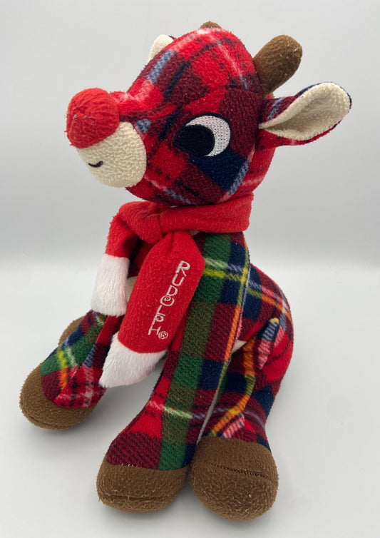 Vintage Plaid Rudolph The Red Nosed Reindeer with Logo Scarf 11 Inch Soft Plush Hand Picked